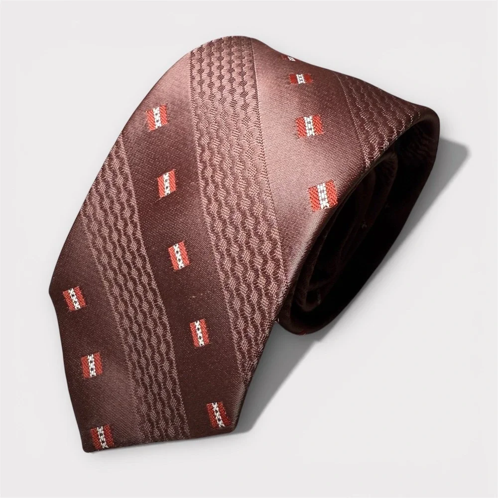 Givenchy Gentlemen Paris Silk Tie Brown Red Square Pattern Classic Formal